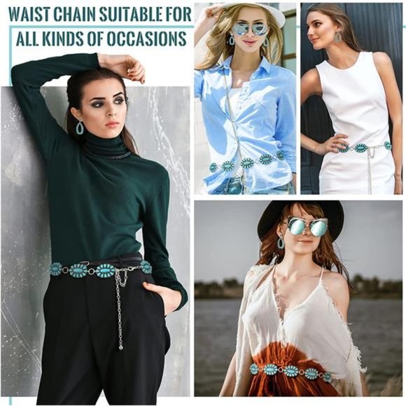 Turquoise Concho Chain Belt Metal Western Waist 1.2 x 2 Inch Drop Post Earrings